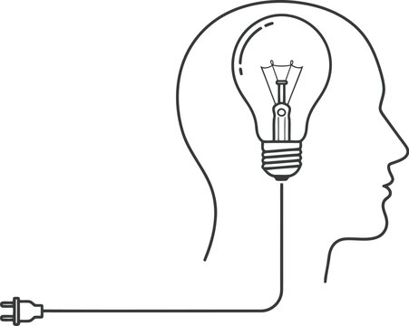 Light bulb inside head silhouette connected to power plug symbolizing ideas
