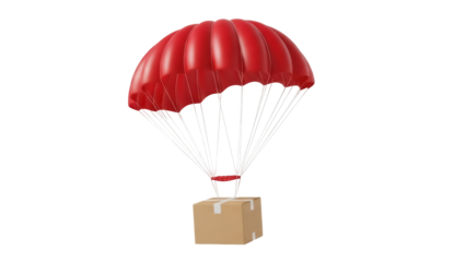 Red parachute with cardboard box isolated PNG, delivery concept for e-commerce and fast shipping on transparent background