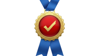Gold medal with red center and check mark isolated PNG, award ribbon on transparent background for achievement and success