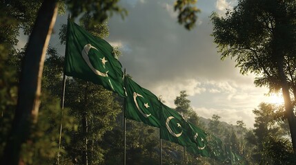National Flag of Pakistan Waving Against Partly Cloudy Sky