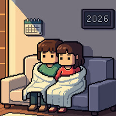 Cozy pixel art illustration of a couple snuggled under a warm blanket on a sofa, enjoying a relaxed evening at home as the year 2026 is visible on a digital clock, symbolizing comfort and togetherness