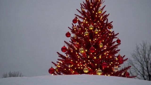A red christmas tree is surrounded by snow on a hill. The image has a warm and festive mood, evoking the feeling of the holiday season
