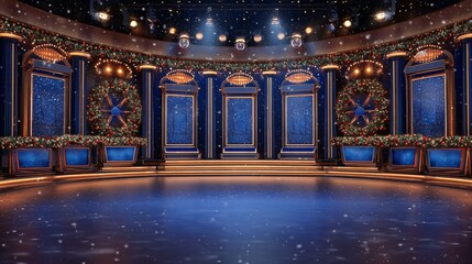 Television studio set with blue panels columns and lighting for a show.