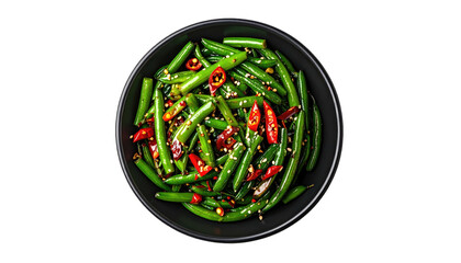 Overhead view of a bowl of sauteed green beans with red chili flakes