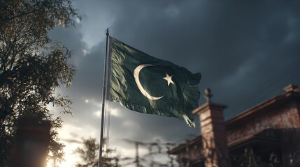 National Flag of Pakistan Waving Against Partly Cloudy Sky