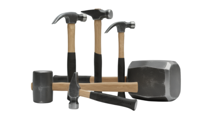 Collection of various carpentry hammers and tools isolated on transparent background, showcasing different types and sizes