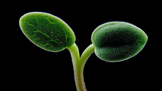 Close-up of a young green seedling with two cotyledon leaves
