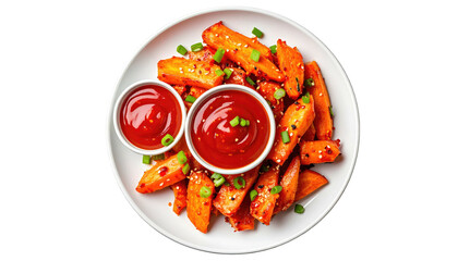 Crispy sweet potato wedges with ketchup in small white bowls on a plate