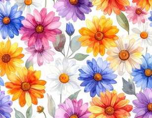 Watercolor floral pattern with colorful daisies on a white backdrop (1)