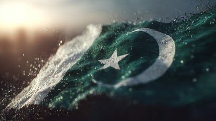 National Flag of Pakistan Waving Against Partly Cloudy Sky