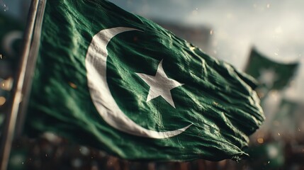 National Flag of Pakistan Waving Against Partly Cloudy Sky
