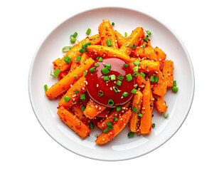 Top-down shot of vibrant, fried vegetable sticks with sauce and garnish