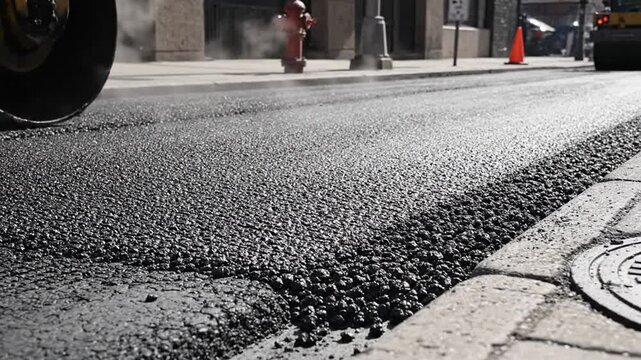Construction crew paves road with hot asphalt and steam roller creating new surface