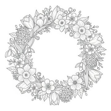 Delicate outline drawing depicts a circular wreath composed entirely of various blooming spring flowers and foliage