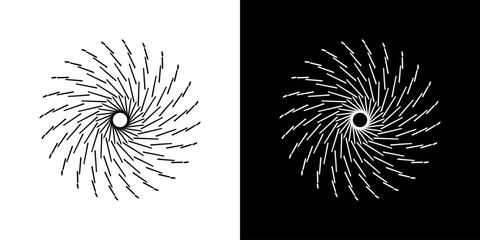 Abstract background with abstract line pattern in circles. Spiral art design as a logo or icon. A black figure on a white background and the same white figure on a black side. Mandala design with line
