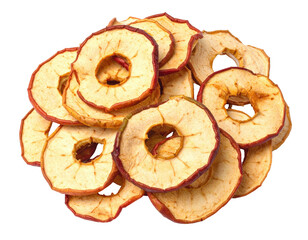 Heap of thinly sliced dried apple rings against a transparent backdrop