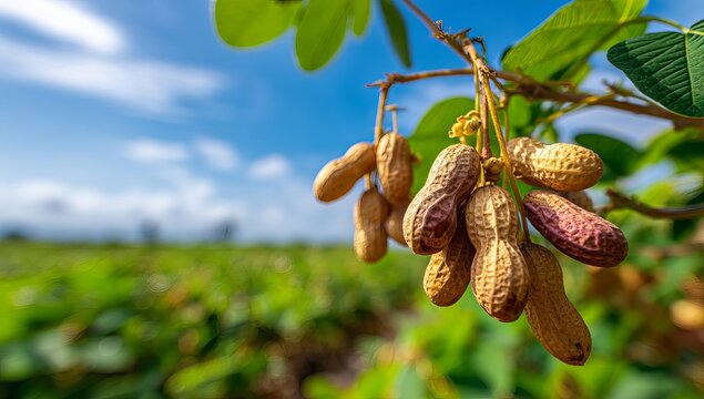 Peanuts on a branch with a farm field background groundnuts