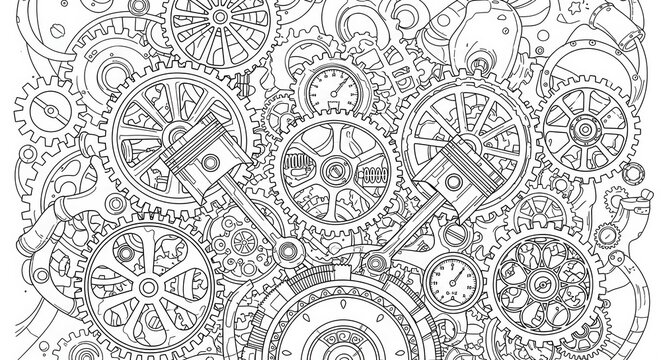 Intricate mechanical assembly featuring pistons and numerous rotating components presented in a detailed outline style