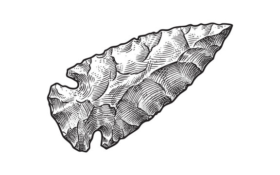 Ancient Stone Arrowhead Weapon Hand Drawn Engraving Illustration