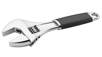 Adjustable wrench with black handle isolated on transparent background