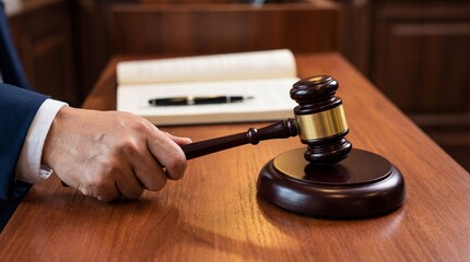 Close-up of a professional hand holding a traditional wooden gavel and sounding block on a polished wooden desk