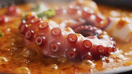 A delectable closeup shot of perfectly cooked octopus tentacles simmering in a rich savory and aromatic reddishbrown sauce creating an appetizing and gourmet culinary experience ideal for food blogs .