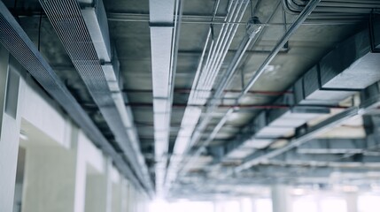 Interior ceiling with metal pipes and ductwork in a building under construction.