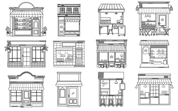 hand drawn store front facade vintage set front line illustrations set element.