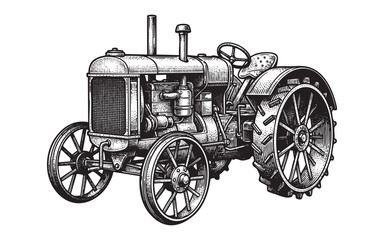 Fototapeta premium Vintage Farm Tractor Vehicle Hand Drawn Engraving Style Illustration