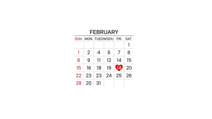 February calendar with Valentine date isolated on transparent background