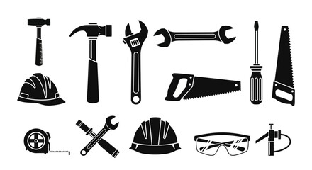 Essential construction tools and safety gear collection for building projects, renovation, and DIY tasks