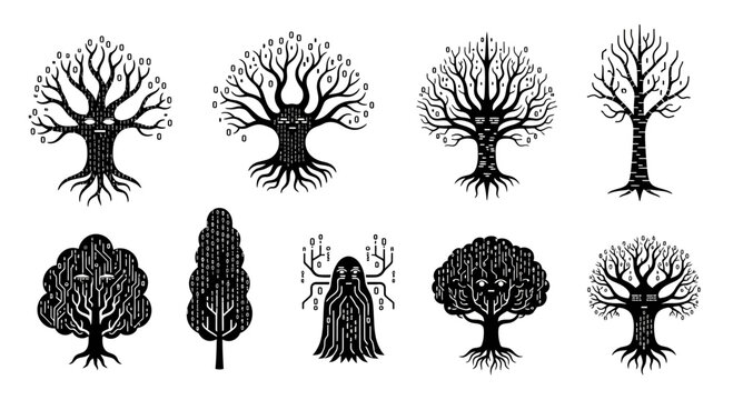 Dynamic digital trees with circuit board patterns and binary code symbols represent technological growth and innovation