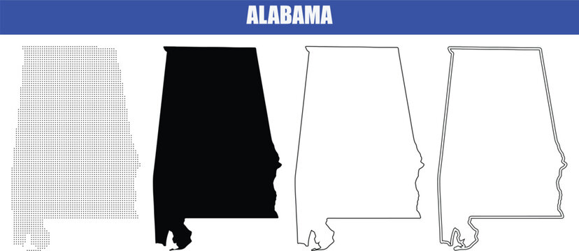 Detailed alabama state map illustration featuring solid, outline, and dot filled versions