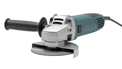 Angle grinder with black handle and silver metal body isolated on transparent background