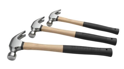 Three hammers with wooden handles and metal heads isolated on transparent background
