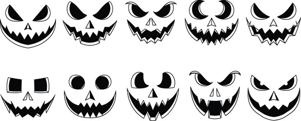 A collection of ten spooky and terrifying jack-o'-lantern faces for halloween decoration