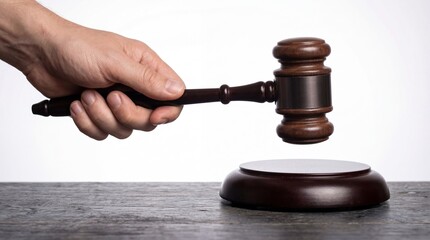 Hand holding wooden judge's gavel above sound block