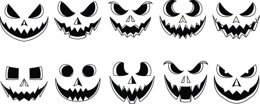 A collection of ten spooky and terrifying jack-o'-lantern faces for halloween decoration - Powered by Adobe