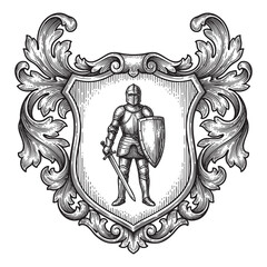 Obraz premium Medieval Knight Warrior Standing in Heraldic Shield Engraving Illustration