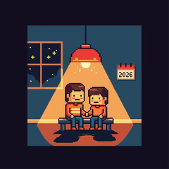 Pixel art illustration of two men holding hands on a bench under a lamp, with a calendar showing 2026 in the background
