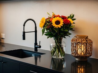 Vibrant floral bouquet with pink peonies and hydrangeas next to a glowing wooden lantern on a black marble island