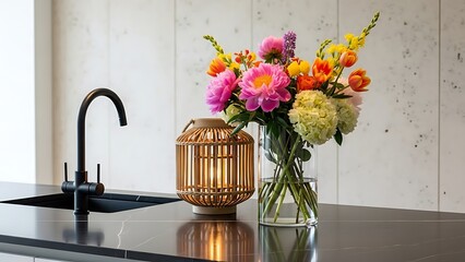 Vibrant floral bouquet with pink peonies and hydrangeas next to a glowing wooden lantern on a black marble island