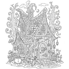 Obraz premium Whimsical fantasy cottage drawing depicts a magic dwelling with overgrown flora and spooky elements