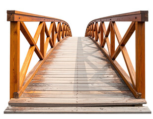 A wooden bridge, arched over unknown void, with detailed railing
