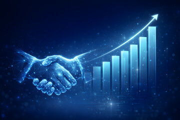 Digital handshake and growing bar graph symbolizing business success and technological partnership.