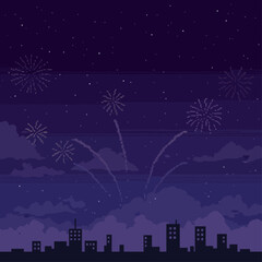 Pixelated cityscape under a starry night sky with fireworks illuminating the dark, cloudy atmosphere and silhouette buildings