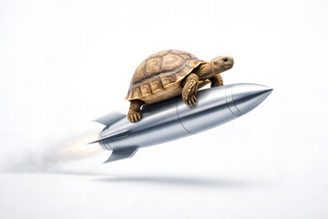 A tortoise riding a silver rocket, symbolizing speed and slowness paradox in a humorous way.
