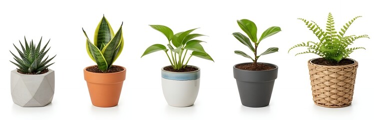 Fototapeta premium Variety of potted green houseplants isolated on a white background.