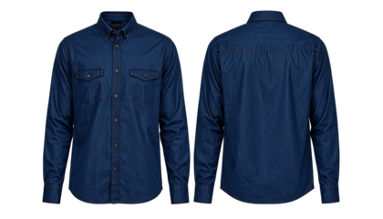 Front and back views of a dark blue button-up denim shirt with orange stitching