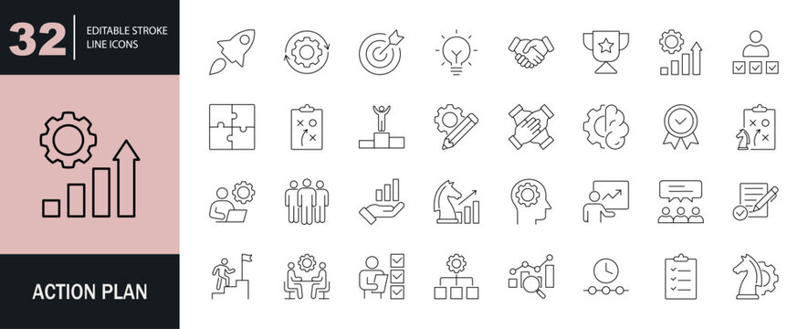 Action plan icon set. Editable line icons. Vector illustration.